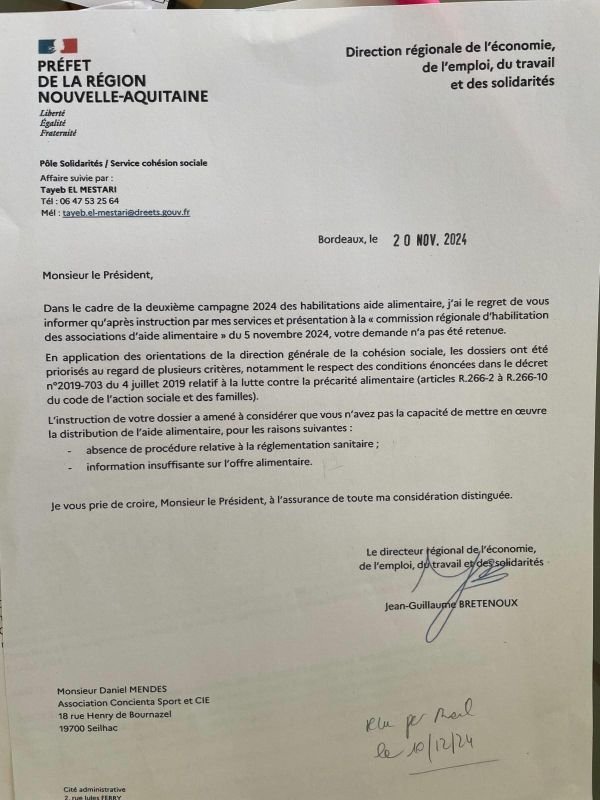 Refus de l’aide alimentaire après 3 ans de distribution de repas aux membres de l’association, tous sortants de prison sans accompagnement.