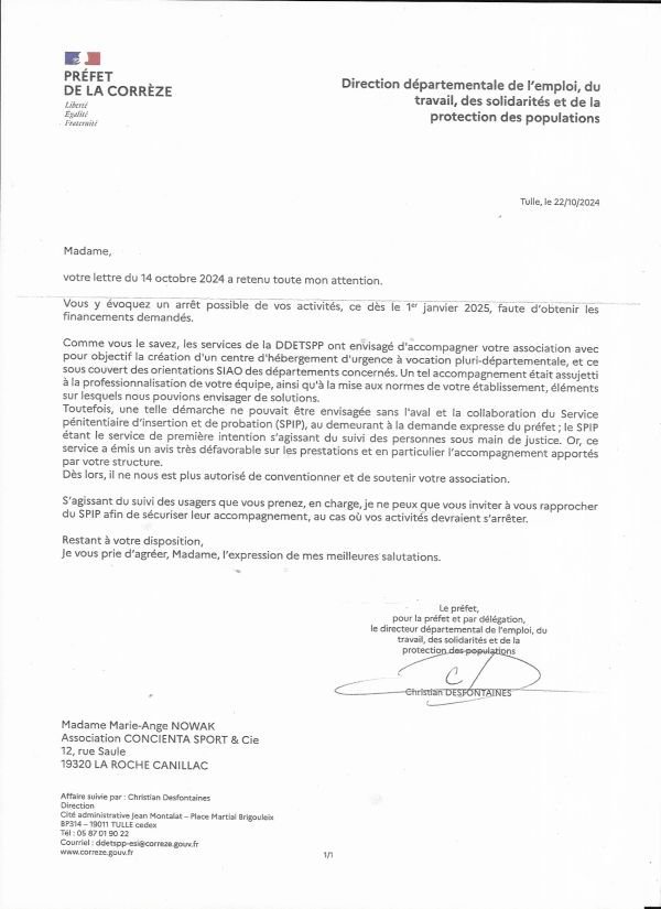 Lettre de refus du droit à l’hébergement d’urgence après 3 ans de services.