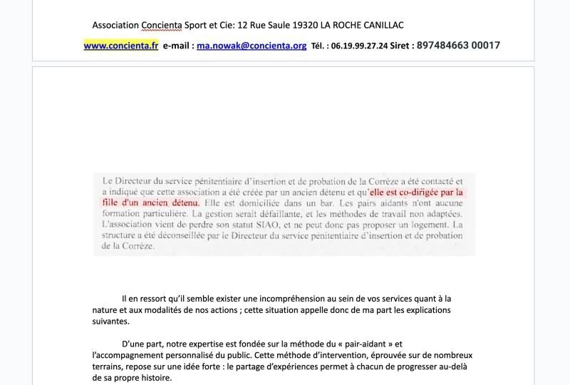 Extrait de la réponse au directeur du service pénitentiaire, qui reproche à Concienta que sa directrice soit fille d’un ancien détenu. Est-ce une bonne raison pour la disqualifier ?